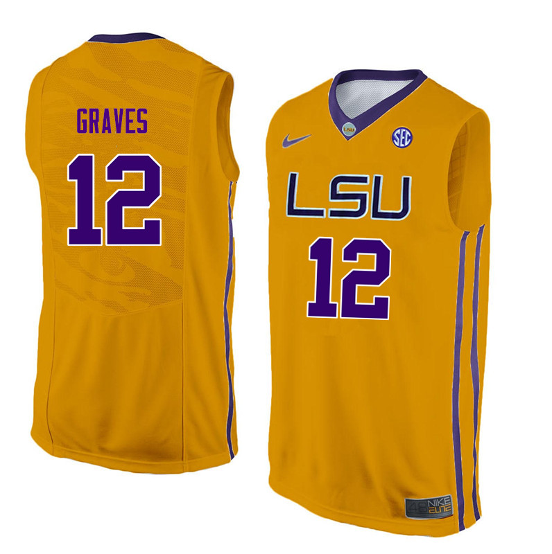 Men LSU Tigers #12 Marshall Graves College Basketball Jerseys-Gold - Click Image to Close